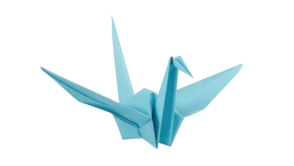 Fotobehang Kraanvogels Light blue origami crane PNG isolated on transparent background, folded paper bird for peace, hope and handmade crafts  © Johnson