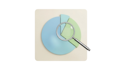 Pie chart with magnifying glass isolated PNG on transparent background, data analysis and business intelligence concept