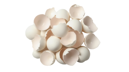 Pile of broken eggshells PNG isolated on transparent background, cracked shells for cooking and baking concepts