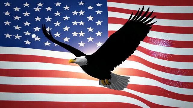 American bald eagle flying in front of waving USA flag with fireworks