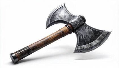 Overhead view of a weathered, double-bladed battleaxe on white backdrop