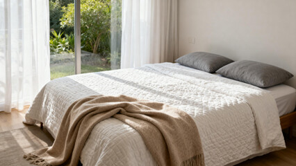 Cozy bedroom with neatly made bed, white bedding, and natural light from large window overlooking greenery