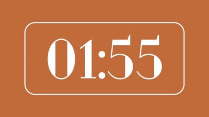 Countdown timer from 2 minute to 1 minute with retro style on brown background ideal for time management visuals, presentations, and modern retro digital concepts