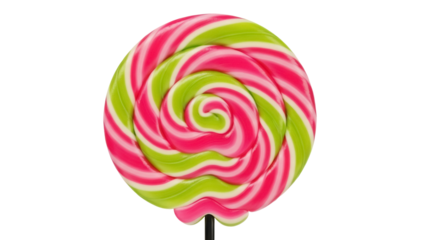 Swirly lollipop PNG isolated on transparent background, colorful candy with pink and green stripes for sweet treats and confectionery designs