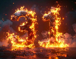 Digit "31" in flames with a dark, smoky backdrop and ground