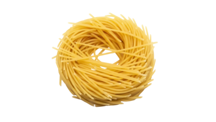 Golden nest of Capellini pasta isolated PNG on transparent background, uncooked angel hair pasta for Italian cuisine and food design