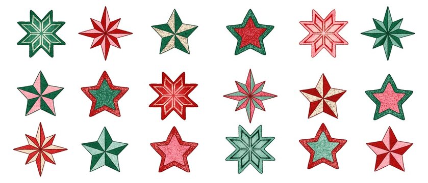 Sparkling Christmas star icons set. Winter holidays decorated elements. Vector illustration isolated on white background