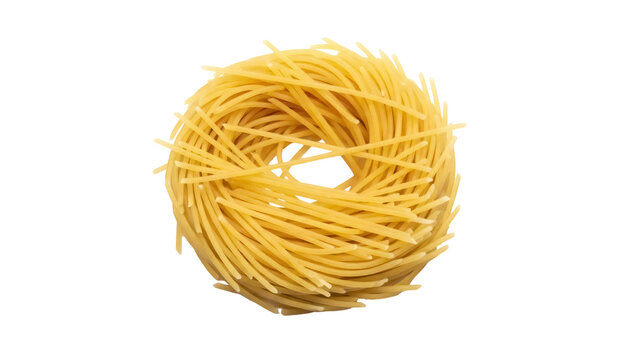 Golden nest of Capellini pasta isolated PNG on transparent background, uncooked angel hair pasta for Italian cuisine and food design