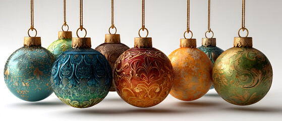 Group of Vibrant Multicolored Sparkling Holiday Ornaments on Gold Strings