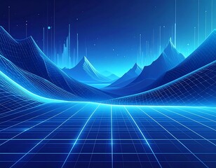 Glowing blue digital landscape with futuristic mountain range
