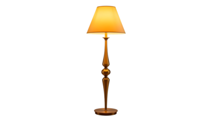 Golden floor lamp with a beige lampshade and decorative base isolated on a transparent background vintage