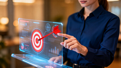 Businesswoman interacting with a futuristic holographic display showing a target and analytics