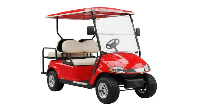 Red golf cart PNG isolated on transparent background, electric vehicle for recreation and transportation, modern buggy with roof
