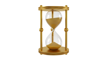 Golden hourglass with sand flowing in transparent glass bulbs on a isolated on a transparent background