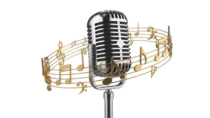 Vintage microphone with golden music notes isolated PNG, retro style microphone for music events and karaoke on transparent background © Johnson
