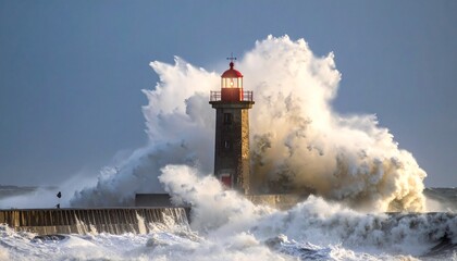 Lighthouse amidst the Fury: A robust lighthouse stands resilient against a tempestuous sea, with a powerful wave crashing over the stone structure.