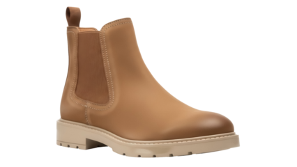 Tan leather Chelsea boot isolated PNG on transparent background, stylish ankle boot with elastic side panels and chunky lug sole for fashion