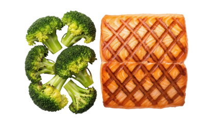 Grilled salmon fillet with broccoli isolated PNG, healthy food with omega 3 and vitamins on transparent background, nutritious meal