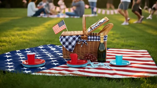 American picnic setup with wicker basket on star spangled blanket