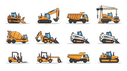 Collection of construction vehicles illustrated in a flat design style, ready to use for diverse projects