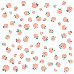 Cute Kawaii Peach Seamless Pattern with Smiling Fruit on White Background Vector