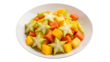 Tropical fruit salad with starfruit and mango isolated PNG, healthy dessert on transparent background for food and beverage concepts