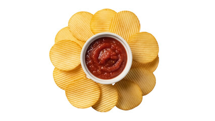 Golden rippled potato chips with tomato sauce isolated PNG, crispy snack food for party and picnic on transparent background