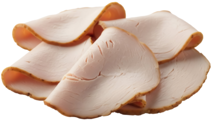 Pile of smoked turkey breast slices isolated PNG, deli meat for sandwiches and charcuterie boards on transparent background