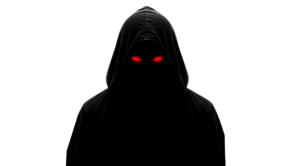 Hooded figure with glowing red eyes standing in darkness isolated on a transparent background silhouette