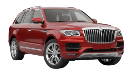 Red SUV car isolated PNG on transparent background, luxury vehicle for transportation and automotive design projects, studio shot