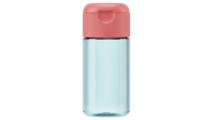 Transparent plastic bottle with pink cap isolated PNG, refillable container for cosmetics and toiletries on transparent background