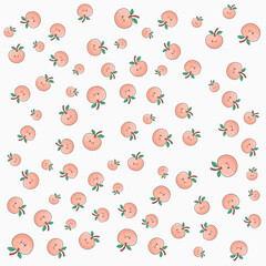 Cute Kawaii Peach Seamless Pattern with Smiling Fruit on White Background Vector