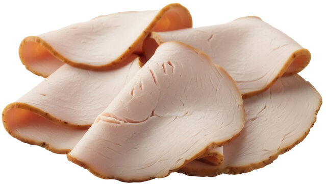 Pile of smoked turkey breast slices isolated PNG, deli meat for sandwiches and charcuterie boards on transparent background
