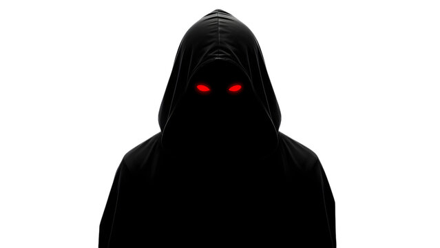 Hooded figure with glowing red eyes standing in darkness isolated on a transparent background silhouette