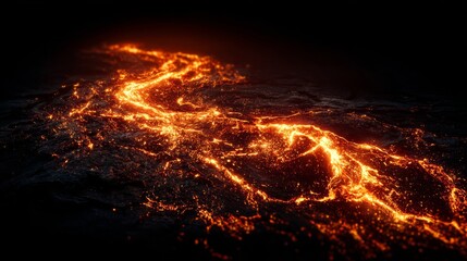 Molten lava river glowing intensely with fiery orange and red hues flowing through darkness, a powerful natural spectacle