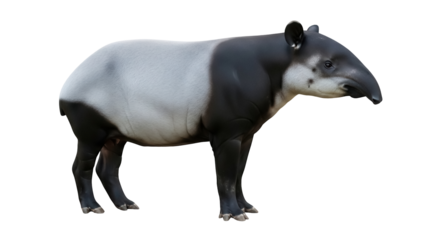 Malayan tapir isolated PNG on transparent background, black and white tapir for educational and conservation projects