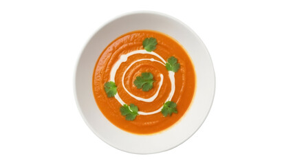 Delicious carrot soup with cream and cilantro isolated PNG, healthy vegan meal for restaurant menu...
