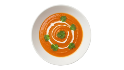 Delicious carrot soup with cream and cilantro isolated PNG, healthy vegan meal for restaurant menu and food blog