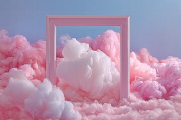 Fluffy pink clouds engulf a square frame against a blue sky backdrop
