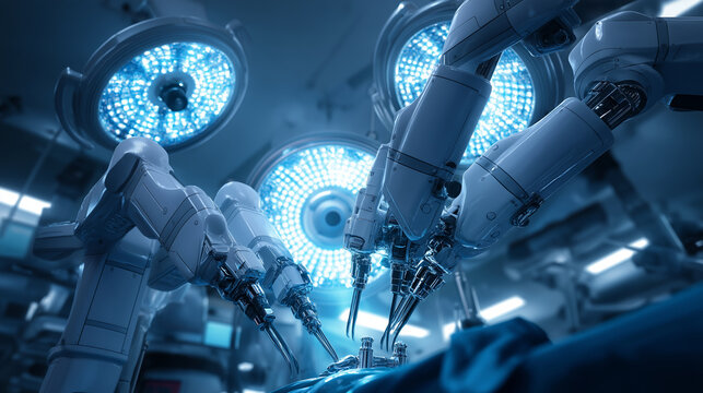 Robotic surgery concept illustration, medical robotic arms, high-tech operating room, futuristic healthcare technology, blue lighting, ultra-detailed