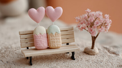 Miniature heart figurines on a bench with a tiny pink tree.
