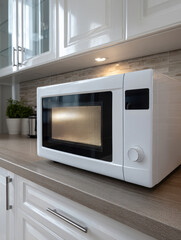 Obraz premium Modern white microwave on kitchen countertop in bright kitchen.
