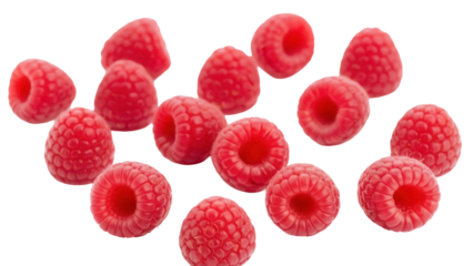 Fresh red raspberries isolated PNG, delicious and juicy summer fruit on transparent background for healthy eating and dessert concepts