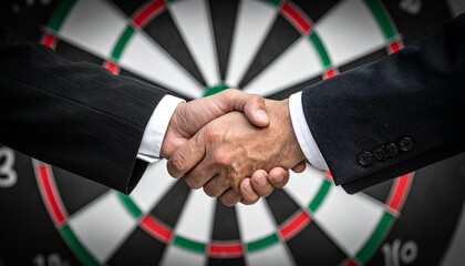Targeted Synergy: A firm handshake seals a deal, the image perfectly overlaying a dartboard symbolizing precision and strategic alignment.