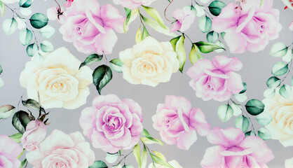 Elegant Floral Pattern with Purple and Cream Roses on Gray Background