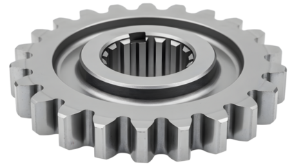 Large metallic gear with inner toothed ring and central hub isolated on a transparent background
