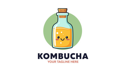 Cute Kombucha Bottle Logo with Smiling Character and Green Badge