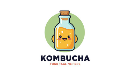 Cute Kombucha Bottle Logo with Smiling Character and Green Badge
