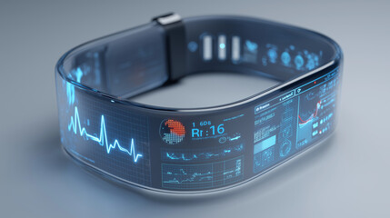 Medical wearable device concept, smart health monitoring bracelet, digital health data visualization, futuristic style, clean background, ultra sharp