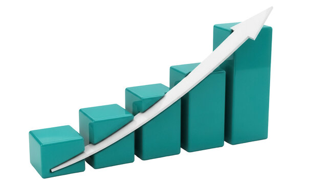 Rising bar graph with arrow isolated PNG, business growth chart on transparent background for financial report and presentation